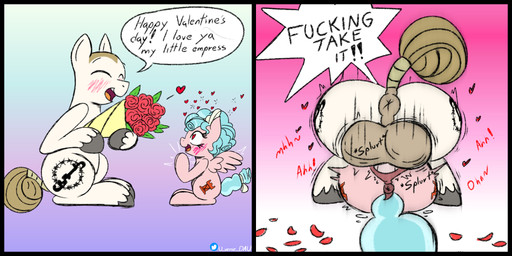age_difference anus balls black_border blue_hair blush border butt dialogue duo female feral flower from_front_position genitals hair happy heart_symbol holidays male mating_press orgasm penetration penile penile_penetration penis penis_in_vagina plant puffy_anus rose_(flower) sex shaved_head simple_background speech_bubble tail text vaginal vaginal_penetration vulva wings young young_female young_penetrated juniverse friendship_is_magic hasbro instant_loss_2koma my_little_pony mythology valentine's_day cozy_glow_(mlp) fan_character earth_pony equid equine horse mammal mythological_creature mythological_equine pegasus pony 2:1 absurd_res comic english_text hi_res