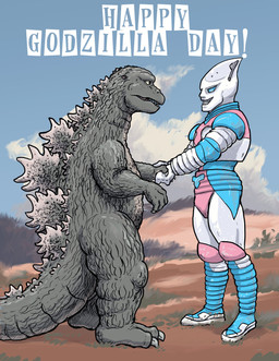 ambiguous_gender blue_sky cloud gesture grey_body grey_eyes grey_scales handshake lgbt_pride pride_colors scales sharp_teeth sky teeth text transgender_pride_colors goshzilla godzilla_(series) toho godzilla jet_jaguar kaiju 2024 absurd_res digital_media_(artwork) digital_painting_(artwork) english_description english_text hi_res painting_(artwork)