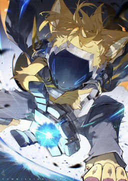 5_fingers 5_toes action_pose ambiguous_gender anthro barefoot black_clothing black_jacket black_topwear blonde_hair blue_bottomwear blue_clothing blue_pants bottomwear claws clothed clothed_anthro clothing cybernetic_arm cybernetic_limb dewclaw digitigrade feet finger_claws fingerpads fingers front_view fully_clothed fully_clothed_anthro fur furrowed_eyebrows hair holding_arm holding_own_arm inner_ear_fluff jacket kneeling machine monotone_body monotone_fur on_one_knee orange_clothing orange_jacket orange_topwear pants pawpads pink_pawpads pose protogen_visor solo tail text toe_claws toes topwear tuft yellow_body yellow_fur yellow_inner_ear_fluff chiayeeee protogen 2024 digital_drawing_(artwork) digital_media_(artwork) english_text full-length_portrait hi_res portrait signature