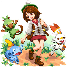 backpack blue_body blue_eyes blue_skin bottomwear brown_body brown_eyes brown_fur brown_hair button_dress clothing dress female fur grass green_body green_fur group hair hat headgear headwear orange_body orange_fur plant white_body white_fur pixelflag nintendo pokemon gloria_(pokemon) generation_8_pokemon grookey human lagomorph mammal pokemon_(species) primate reptile scalie scorbunny sobble 1:1 2019 digital_media_(artwork) pixel_(artwork)