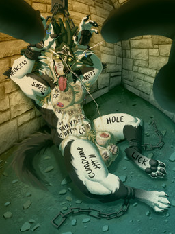 animal_genitalia anthro anthrofied arrow_pointing_to_armpit arrow_pointing_to_nipple athletic balls barbell_piercing bdsm bodily_fluids body_writing bondage bound chain chained corruption degradation detailed_background erection fur genital_fluids genitals group hair humanoid_genitalia humanoid_penis knot male markings muscular muscular_male nipple_barbell nipple_piercing nipples nude open_mouth open_smile pecs peeing penis piercing restraints sheath smile solo_focus submissive submissive_male tail tally_marks text tongue tongue_out tuft twunk urine urine_stream watersports western_tally_marks white_body writing_on_arm writing_on_balls writing_on_belly writing_on_chest writing_on_face writing_on_foot writing_on_genitals writing_on_leg writing_on_penis writing_on_thigh eddyratt nintendo the_legend_of_zelda twilight_princess link_(wolf_form) canid canine canis mammal wolf absurd_res detailed digital_media_(artwork) english_text hi_res