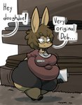 anthro belly big_belly big_breasts bottom_heavy breasts clothed clothing dialogue eyewear female glasses huge_hips huge_thighs name_tag overweight overweight_female solo speech_bubble text thick_thighs wide_hips maddeku ellie_(maddeku) deer mammal 2018 digital_media_(artwork) english_text hi_res