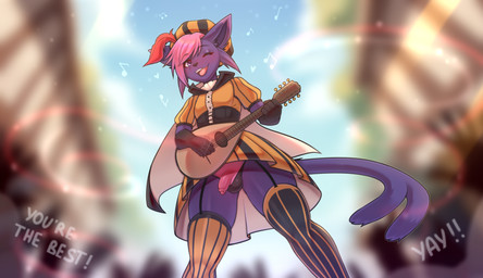 anthro balls bard clothed clothing crossdressing crowd dress fantasy femboy foreskin fur genitals gloves group hair handwear hat headgear headwear legwear lute magic male medieval musical_instrument musical_symbol musician one_eye_closed open_mouth panties partially_retracted_foreskin penis performance pink_hair plucked_string_instrument public purple_body purple_eyes purple_fur smile solo stockings string_instrument symbol text underwear upskirt wink shudayuda dungeons_and_dragons hasbro nintendo pokemon wizards_of_the_coast eeveelution espeon generation_2_pokemon pokemon_(species) absurd_res hi_res