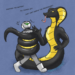 anthro apode armor coiling coiling_another coiling_around_body dialogue duo headgear helmet helmeted_human knight legless male male/male restrained serpentine struggling taunting text tongue tongue_out warrior razzle_the_red draconcopode human mammal naga 1:1 absurd_res hi_res