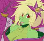 anthro bangs big_breasts blonde_hair breasts cleavage clothed clothing female flower hair looking_at_viewer non-mammal_breasts open_mouth open_smile plant red_eyes smile solo avencri cela crocodile crocodilian reptile scalie 2017 digital_media_(artwork)