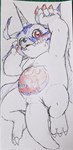 animal_skin anthro bandai_namco belly belly_markings blush digimon digimon_(species) fur gabumon hi_res horn lying male markings on_back slightly_chubby solo striped_body striped_fur stripes suggestive_pose tabasukotrr traditional_media_(artwork)