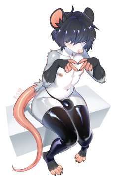 4_toes anthro arm_tuft black_hair blush blush_lines bulge claws clothed clothing elbow_tuft feet femboy finger_claws fur gesture glistening glistening_body glistening_fur grey_body grey_fur hair hair_over_eyes heart_gesture high-angle_view latex latex_clothing latex_legwear latex_thigh_highs latex_underwear legwear male navel pink_nose simple_background sitting skimpy solo tail thigh_highs toe_claws toes tuft underwear white_background wide_hipped_male wide_hips bittersyrup american_opossum mammal marsupial 2026 digital_media_(artwork) hi_res watermark