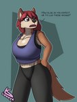 anthro ball_bra balls balls_as_breasts big_balls bra breasts chesticles cleavage clothed clothing dialogue genitals gynomorph huge_balls hyper hyper_balls hyper_genitalia intersex solo sports_bra text underwear lonnyk hazel_(lonnyk) canid canine canis domestic_dog mammal 3:4 english_text hi_res