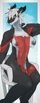 anthro areola biped breasts chair clothed clothing female furniture hair horn muscular muscular_anthro muscular_female nipples sitting skimpy solo transparent_fabric water con5710 scalie unknown_species 2020 hi_res