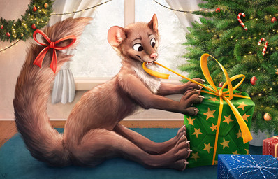 box brown_body brown_fur candy candy_cane christmas_tree christmas_wreath claws container day dessert detailed_background feral food fur gift_box holidays inside multicolored_body multicolored_fur nude pink_nose plant sitting smile solo string_lights toe_claws tree two_tone_body two_tone_fur whiskers white_body white_fur window kebi christmas gulonine mammal marten mustelid musteline 2020