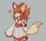 anthro asian_clothing clothing east_asian_clothing female fur gesture hair hand_gesture heart_symbol japanese_clothing kimono looking_at_viewer one_eye_closed orange_hair pawpads red_ribbon simple_background smile smiling_at_viewer solo tail tan_body tan_fur v_sign wink winking_at_viewer sunnysydez undertale undertale_(series) undertale_yellow ceroba_ketsukane canid canine fox mammal monster