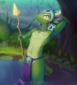 anthro bone bone_mask bottomwear clothing green_body looking_at_viewer male mask outside skull solo water lennoxicon terraria shimmered_witch_doctor witch_doctor_(terraria) lihzahrd lizard reptile scalie absurd_res hi_res