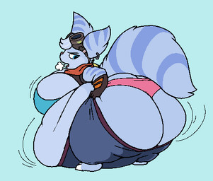 anthro belly belly_on_ground big_belly big_breasts big_butt blue_body blue_eyes blue_fur breasts breath butt clothing ear_piercing eyewear eyewear_on_head female fluffy fluffy_tail fur goggles goggles_on_head huge_belly huge_breasts huge_butt looking_back markings morbidly_obese morbidly_obese_anthro morbidly_obese_female motion_lines obese obese_anthro obese_female overweight overweight_anthro overweight_female panties piercing pulling_up_pants ring_piercing scarf solo striped_body striped_fur striped_markings striped_tail stripes struggling_to_fit tail tail_markings underwear white_body white_fur sleepylilaliens ratchet_and_clank sony_corporation sony_interactive_entertainment rivet_(ratchet_and_clank) lombax mammal low_res