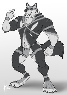 abs anthro arm_tuft balls barely_visible_balls barely_visible_genitalia big_fangs big_muscles bulge cheek_tuft chest_tuft claws clothed clothing collar facial_tuft fangs finger_claws fingerpads front_view genitals glistening glistening_eyes grin harness jockstrap looking_at_viewer male male_anthro muscular muscular_anthro muscular_male neck_tuft notched_ear pawpads pecs pupils simple_background slit_pupils smile solo spiked_collar spikes standing tail teeth toe_claws topless tuft underwear hufnaar canid canine mammal 2021 absurd_res dated full-length_portrait hi_res monochrome portrait