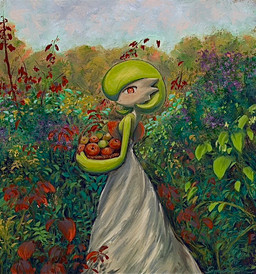 apple basket container detailed_background female food fruit fruit_basket green_body green_hair hair holding_basket holding_container holding_object looking_at_viewer looking_back not_furry plant red_eyes short_hair shrub smile solo standing white_body gyuragyura jojo's_bizarre_adventure nintendo pokemon gardevoir generation_3_pokemon humanoid pokemon_(species) stand_(jjba) painting_(artwork)