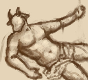 anthro clothed clothing ears_down faceless_character horn lying lying_on_ground male male_anthro muscular muscular_anthro muscular_male on_back on_ground panties pantsless pivoted_ears solo topless topless_anthro topless_male underwear reynard_goodfellow bovid bovine cattle mammal hi_res monochrome sketch