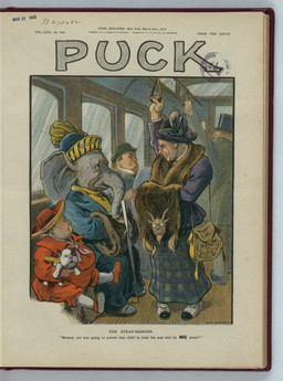 alternate ambiguous_gender anthro bottomwear brown_hair caption clothing eyewear facial_hair female feral glasses group hair hat headgear headwear holding_newspaper holding_object holding_plushie holding_strap holding_walking_stick label male muff_(accessory) mustache newspaper plushie political_cartoon politics public_transportation purple_clothing purple_hat purple_headwear red_clothing red_hat red_headwear round_glasses sailor_uniform sitting skirt text top_hat trolleybus trunk_ring uniform wearing_glasses young young_human young_male louis_glackens puck_(magazine) republican_party_(usa) republican_elephant theodore_roosevelt william_howard_taft human mammal 1912 20th_century absurd_res ancient_art dated english_text hi_res signature traditional_media_(artwork)