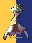 clothed clothing dress female fully_clothed hiding_face looking_at_viewer multicolored_clothing one_eye_obstructed pose raised_arms text sketchygarden meme_clothing nintendo pokemon what_color_is_this_dress? gardevoir generation_3_pokemon pokemon_(species) full-length_portrait hi_res meme portrait sketch