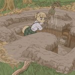 anthro clothed clothing day detailed_background digging dirt female grass holding_object kemono outside plant shelter shovel solo tools ekaki510 badger japanese_badger mammal meles mustelid musteline 1:1