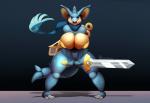 2016 anthro anthrofied big_breasts blood bodily_fluids breasts don_ko duo female feral front_view generation_1_pokemon generation_6_pokemon hi_res holding_melee_weapon holding_object holding_sword holding_weapon honedge huge_breasts looking_at_viewer melee_weapon nidoqueen nintendo pokemon pokemon_(species) pokemorph sword weapon wounded