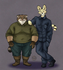 black_clothing black_footwear black_shoes blue_bottomwear blue_clothing blue_pants bottomwear brown_clothing brown_footwear brown_shoes clothing collared_shirt criminal crossed_ankles dress_shirt duo footwear green_clothing green_eyes green_pupils green_shirt green_topwear grey_background hand_on_shoulder henchman looking_at_viewer male male/male markings pants pupils shirt shoes simple_background smile spots spotted_body tail text thick_arms topwear weight_difference work_shirt basicbiscuit felid feline mammal pallas's_cat serval artist_name hi_res
