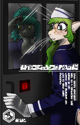 6_fingers anthro behind_door behind_glass blue_clothing clothed clothing duo ear_piercing ear_ring fingers gibberish hat headgear headwear hiding locking_door looking_around pawpads piercing poster propaganda_poster ring_piercing spots spotted_face text uniform whiskers kawattame voices_of_the_void ludano_onaeh alien ariral mimic colored hi_res