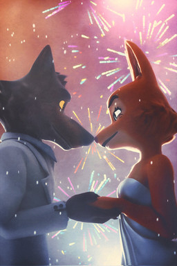anthro barbell_piercing canon_couple claws clothed clothing dress duo eyelashes female fireworks holidays long_eyelashes male male/female nose_to_nose piercing romantic romantic_ambiance romantic_couple romantic_night suit tuft monketco_(artist) goneafterdark_(modeler) dreamworks dreamworks_all-star_kart_racing new_year new_year_2026 the_bad_guys diane_foxington mr._wolf_(the_bad_guys) canid canine canis fox mammal wolf 3d_(artwork) digital_media_(artwork) hi_res