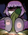 anthro areola big_penis biped breast_play breasts duo empty_eye_sockets erection female female_anthro first_person_view fur genitals green_penis grey_body grey_fur grin hair hair_over_eyes huge_penis humanoid_genitalia humanoid_penis male male/female nipples penis pov_titfuck purple_body purple_fur purple_hair sex smile titfuck skashi95 grinion 2025 2d_animation animated digital_media_(artwork) loop low_res