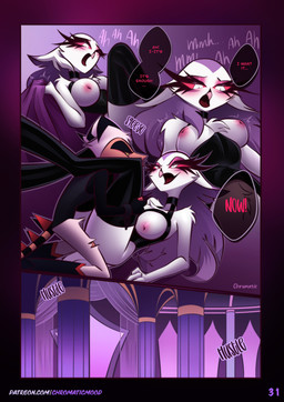 anthro beak breasts dialogue duo female from_front_position long_socks lying male male/female missionary_position moan nipples non-mammal_nipples on_back sex sound_effects speech_bubble text chromaticmood hellaverse helluva_boss stella_(helluva_boss) striker_(helluva_boss) bird_demon humanoid imp owl_demon absurd_res english_text hi_res url