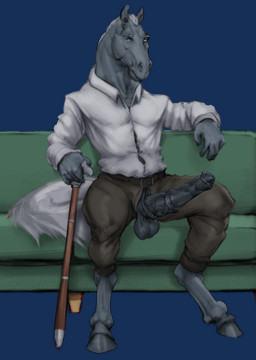animal_genitalia animal_penis anthro balls belt belt_buckle bottomwear buckle cane clothing equine_genitalia equine_penis erection eye_scar facial_scar fingers fur furniture genitals grey_body grey_fur hair holding_cane holding_object hooves horse_ears leaning_on_furniture looking_at_viewer male pants penis penis_poking_out penis_through_fly scar shirt sofa solo tail topwear white_hair white_tail laser_(artist) biers equid equine horse mammal alpha_channel hi_res