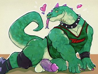 anthro balls claws clothing collar erection facial_piercing forked_tongue genital_piercing genitals heart_symbol jersey male muscular muscular_anthro muscular_male non-mammal_balls nose_piercing nose_ring penis penis_piercing piercing prince_albert_piercing ring_piercing shirt simple_background solo tail tongue tongue_out tongue_piercing topwear galrock goat_(movie) sony_corporation sony_pictures modo_olachenko komodo_dragon lizard monitor_lizard reptile scalie 4:3 absurd_res colored hi_res