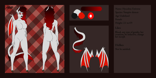 female gradient_hair hair membrane_(anatomy) membranous_wings red_eyes red_hair red_wings solo white_body wings nthlieardgriff demon humanoid vampire 2:1 absurd_res hi_res model_sheet