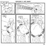 abdominal_bulge anthro blush burping chest_tuft clothing comic dialogue digital_media_(artwork) duo english_text growth haplorhine hat headgear headwear heart_symbol hi_res inflation james_howard male male/male male_pred mammal monkey monochrome primate sketch solo_focus text tongue tuft vore