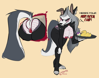 anal_only anthro anus barely_visible_anus black_body black_fur blush boots butt camel_toe clothing costume dialogue ear_piercing fake_ears fake_rabbit_ears female fishnet_clothing font_change footwear fur grey_body grey_fur grey_hair hair heart_symbol high_heeled_boots high_heels highlighted_text holding_object leggings legwear looking_at_viewer multicolored_body multicolored_fur pasties piercing profanity red_sclera reverse_bunny_costume serving serving_food sharp_teeth shoes simple_background solo tail teeth text text_emphasis waiter white_body white_eyes white_fur artblush hellaverse helluva_boss mythology loona_(helluva_boss) canid canid_demon canine demon hellhound mammal mythological_canine mythological_creature 2020 english_text hi_res