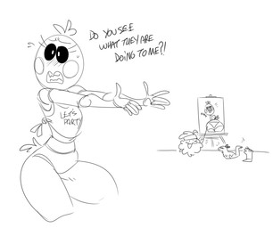 anthro beakless bib black_sclera blush blush_lines clothing dialogue exclamation_point feathers female head_feathers head_tuft interrobang machine open_mouth panties question_mark rosy_cheeks simple_background solo tail tail_feathers text thick_thighs tuft underwear white_background white_eyes wide_hips mhdrawin five_nights_at_freddy's five_nights_at_freddy's_2 scottgames toy_chica_(fnaf) animatronic avian bird chicken galliform phasianid robot 2021 digital_media_(artwork) english_text hi_res monochrome