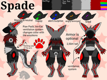 anthro fur grey_body grey_fur machine male markings red_body red_fur red_markings shark_tail solo text anonymous_artist spade_(wulfy196) protogen 4:3 english_text hi_res