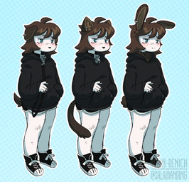 alternate_species ambiguous_gender anthro bell bell_collar biped black_bottomwear black_clothing black_footwear black_hoodie black_shoes black_shorts black_topwear blue_eyes blush bottomwear brown_hair clothed clothed_anthro clothing collar dotted_background footwear fur hair hoodie inner_ear_fluff leash leashed_collar long_ears pattern_background shorts simple_background solo standing tail text topwear tuft white_body white_fur salamanding joan_(salamanding) canid canine canis domestic_cat domestic_dog felid feline felis lagomorph leporid mammal rabbit 2024 artist_name digital_drawing_(artwork) digital_media_(artwork) english_description full-length_portrait portrait female_(lore)