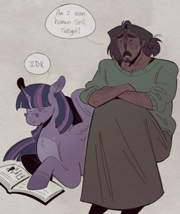 bottomwear clothed clothing crossdressing crossdressing_male duo feathered_wings feathers female feral fur hair horn male male_human multicolored_hair purple_body purple_fur purple_hair skirt text topwear wings ufolliegy friendship_is_magic hasbro my_little_pony mythology the_magnus_archives jonathan_sims twilight_sparkle_(mlp) equid equine human mammal mythological_creature mythological_equine winged_unicorn digital_media_(artwork)