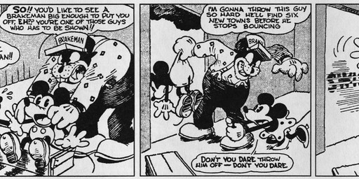 anthro bloomers bodily_fluids bottomwear clothed clothing dialogue female fingers flying_sweatdrops footwear fur gloves group handwear high_heels leg_grab male open_mouth shoes sweat sweatdrop teeth text trio floyd_gottfredson hardie_gramatky jack_king disney public_domain mickey_mouse minnie_mouse mammal mouse murid murine rodent 1930 20th_century absurd_res ancient_art black_and_white comic dated english_text hi_res monochrome signature