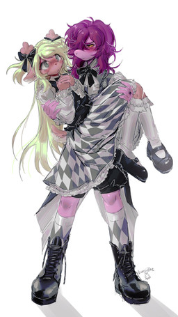 :< anthro blonde_hair blush blush_lines boots bottomwear brown_body claws clothing duo embarrassed eyebrow_through_hair eyebrows eyelashes female female/female footwear green_eyes hair holding_another narrowed_eyes one_eye_obstructed purple_body purple_hair ring shoes simple_background skirt socks translucent translucent_hair yellow_sclera bunsidhe deltarune undertale_(series) noelle_holiday susie_(deltarune) cervine deer mammal scalie 2026 9:16 hi_res signature female_(lore)