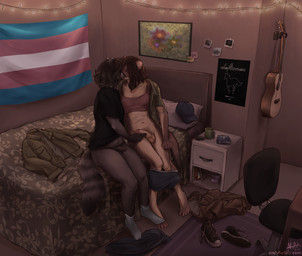 acoustic_guitar anthro balls bed bedroom book bottomless bottomless_gynomorph bottomless_intersex bra breasts circumcised clothed clothes_on_floor clothing collarbone desk duo erection flaccid footwear foreskin furniture genitals guitar gynomorph hair humanoid_genitalia humanoid_penis inside intersex intimate kiss_on_lips kissing lgbt_pride multicolored_body multicolored_hair musical_instrument on_bed open_clothing open_shirt open_topwear partially_clothed penis pillow plucked_string_instrument polaroid_photo polaroid_photo_on_wall poster_(object) pride_colors romantic romantic_ambiance shirt sitting sitting_on_bed slightly_chubby small_breasts socks string_instrument string_lights table text topwear touching_penis transgender_pride_colors two_tone_body two_tone_hair underwear underwear_down unretracted_foreskin andyfurfulz deftones polaroid_b.v. mammal mustelid musteline procyonid raccoon true_musteline weasel english_text hi_res signature url trans_(lore) trans_woman_(lore)