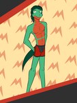 3:4 abstract_background anthro anthrofied boxer_briefs boxer_briefs_only clothed clothing fuze generation_3_pokemon grovyle hi_res male navel nintendo nipples pokemon pokemon_(species) pokemorph solo topless underwear underwear_only