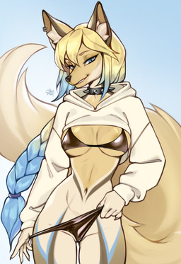 5_fingers anthro biped blonde_hair blue_eyes bra breasts clothed clothed_anthro clothed_female clothing collar female fingers front_view hair inner_ear_fluff looking_at_viewer navel panties pantsless pantsless_anthro pantsless_female partially_clothed partially_clothed_anthro partially_clothed_female small_waist smile solo spiked_collar spikes standing tail teeth topwear tuft underwear wide_hips shermugi canid canine canis domestic_dog mammal 2025 absurd_res digital_drawing_(artwork) digital_media_(artwork) hi_res