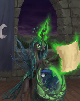 blue_eyes dark duo eyeshadow female feral glowing green_eyes green_hair hair hole_(anatomy) insect_wings levitation long_hair magic makeup night outside paper pod pupils sky slit_pupils spell straight_hair window wings cannibalus friendship_is_magic hasbro my_little_pony princess_luna_(mlp) queen_chrysalis_(mlp) arthropod changeling_(mlp) equid equine horse mammal pony 2013