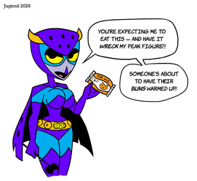 anthro armwear big_breasts biped blue_armwear blue_cape blue_clothing blue_elbow_gloves blue_gloves blue_handwear blue_legwear blue_leotard blue_mask blue_thigh_highs breasts cape clothed clothing dialogue elbow_gloves female food gloves handwear holding_food holding_object legwear leotard open_mouth simple_background solo speech_bubble superhero superhero_costume text thigh_highs tongue white_background yellow_sclera jugend avian bird owl 2026 english_text hi_res