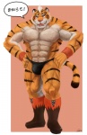 abs anthro athletic biceps big_muscles biped black_body black_fur boots bulge clothed clothing fangs footwear fur grey_hair hair male markings muscular muscular_anthro muscular_male nipples nude open_mouth orange_body orange_fur pecs pink_background pink_nose pose shoes simple_background solo speedo standing stripes swimwear tail teeth text tongue topless white_body white_fur white_hair wrestler wristband gawein-dragon unknown_artist felid mammal pantherine tiger