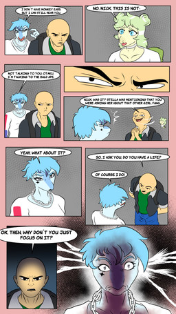 angry annoyed anthro bald biped blue_body blue_bottomwear blue_clothing blue_eyes blue_hair blue_pants bottomwear chain_necklace choker clenched_teeth close-up clothed clothed_anthro clothed_female clothed_human clothed_male clothing dialogue eyebrow_piercing eyebrow_ring facial_piercing facial_tattoo female frown green_body green_clothing green_hair green_shirt green_topwear grey_clothing grey_eyes grey_jacket grey_topwear group hair highlights_(coloring) insulting_another jacket jewelry long_hair male narrowed_eyes necklace open_clothing open_jacket open_topwear pants piercing pupils purple_hair ring_piercing shirt short_hair small_pupils speciesism speech_bubble talking_to_another tattoo teeth text topwear trio white_clothing white_shirt white_topwear wide_eyed fuegosonic93 cavemanon_studios goodbye_volcano_high ko_op_(game_developer) snoot_game anon_(snoot_game) nick_(gvh) stella_(gvh_beta) baryonyx dinosaur human mammal ornithischian prehistoric_species reptile saurischian scalie spinosaurid stegosaurian stegosaurus theropod thyreophoran 4k 9:16 absurd_res colored comic english_text hi_res