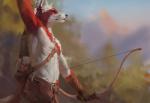 anthro arrow_(weapon) blue_eyes bow_(weapon) clothed clothing day detailed_background fur holding_object holding_weapon male multicolored_body multicolored_fur outside quiver_(object) ranged_weapon red_body red_fur slim slim_male solo topless topless_anthro topless_male tribal weapon white_body white_fur nomax canid canine fox mammal 2019 digital_media_(artwork)