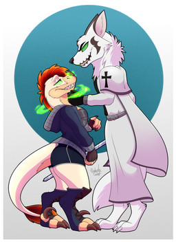 anthro bandage bandaged_chest bottomwear claws clothed clothing denim denim_bottomwear denim_clothing denim_shorts duo female fog fur gloves green_eyes hair handwear horn hypnosis jacket male male/female markings melee_weapon mind_control nails orange_hair sharp_teeth shirt shorts simple_background smile submissive submissive_anthro submissive_female sword tan_body teeth topwear tunic weapon white_body white_fur polt.avi genesis_(kabscorner) canid canine canis dinosaur dromaeosaurid mammal prehistoric_species reptile scalie theropod velociraptor wolf 2021 absurd_res character_request digital_drawing_(artwork) digital_media_(artwork) hi_res signature watermark