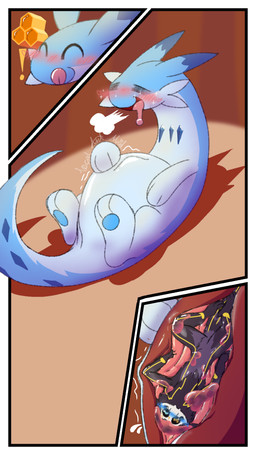 abdominal_bulge anthro belly belly_squish blush duo feral inside_stomach internal male organs patting_belly rumbling_stomach slime squish stomach vore localartmaid palworld pocketpair chillet pal_(species) 4k 9:16 absurd_res hi_res